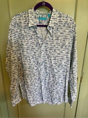 Tori Richard White Shirt with Blue Allover Print